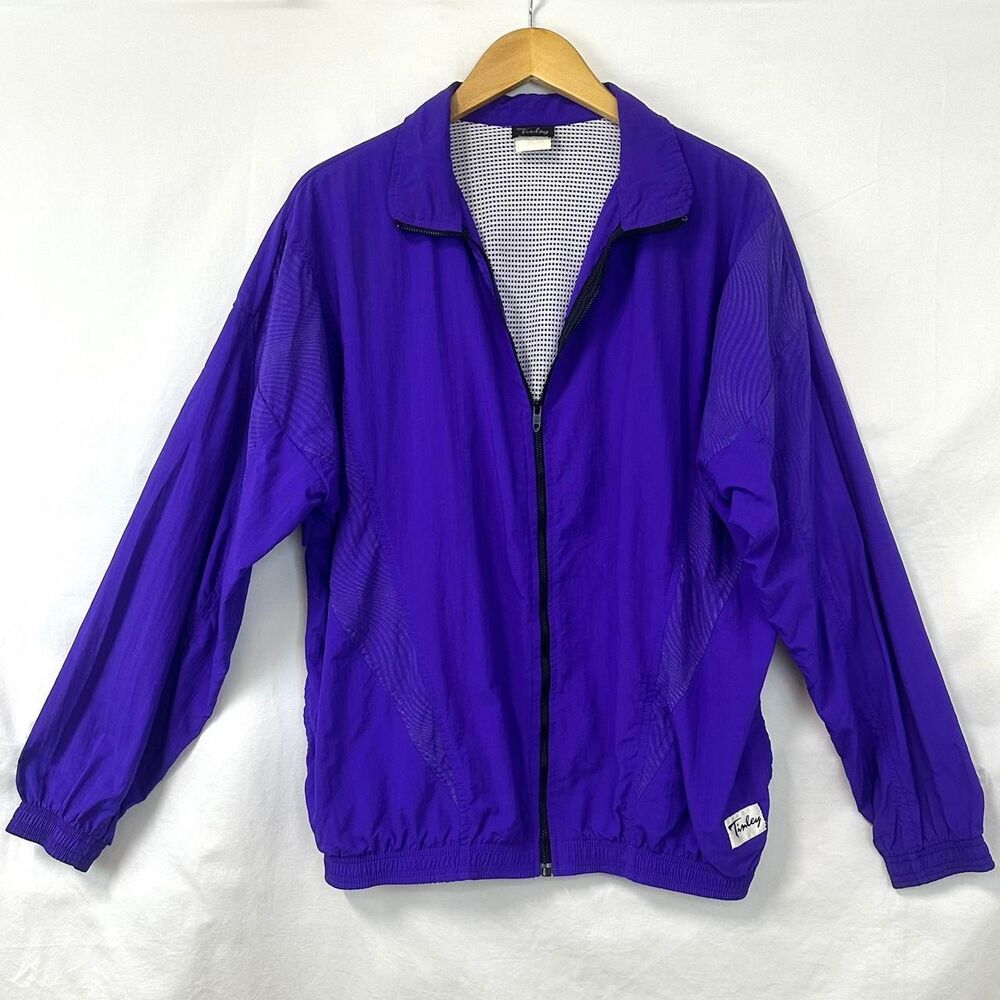 TINLEY Vintage 80s/90s Purple Tiger Stripe Nylon Zip Up Windbreaker Mens L Retro